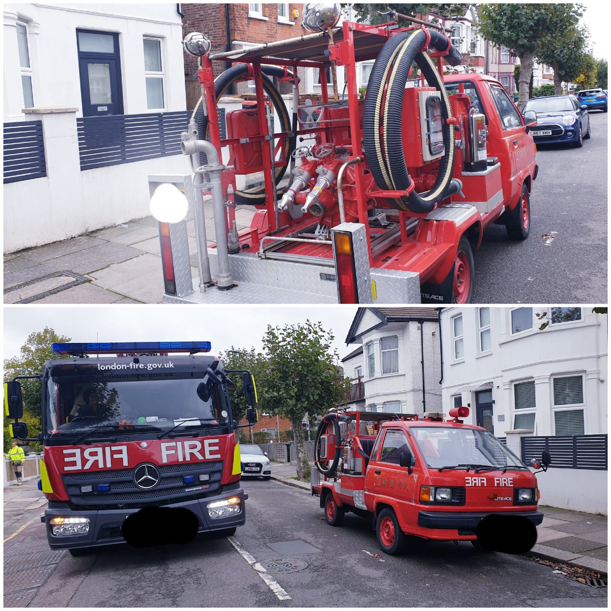 MariaBuckstar's tweet photo. When you get beaten to a #job by a mini me 🚒🤣 @LFBBarnet #firefighters #tuesdayvibes #Entertainment 
Wonder if they can offer a helping hand? #teamwork https://t.co/TPlzY3yl3T