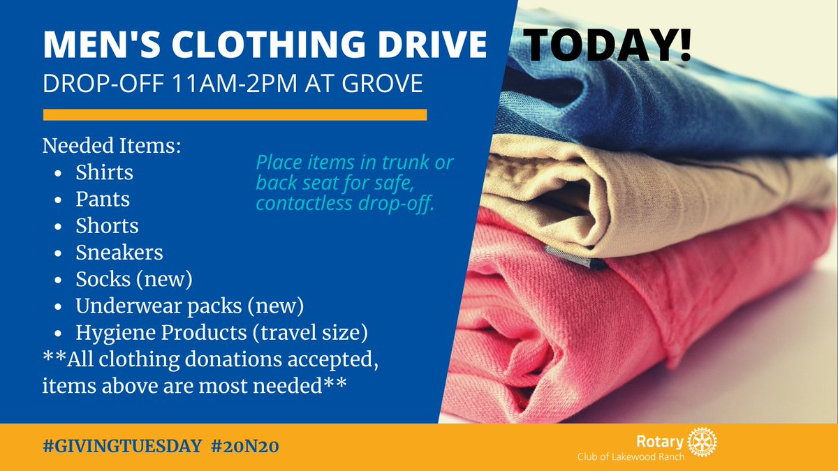 Rotary_LWR's tweet photo. Stop by @GROVEdining today between 11am-2pm for our Men's Clothing Drive for @TurningPointsFL!  Place items in trunk or back seat for contactless drive thru drop-off. You can also make a donation on https://t.co/7Z4f2sbGet. 
#GivingTuesday #20N20 #LWRrotary https://t.co/kxiOS4J1Hx
