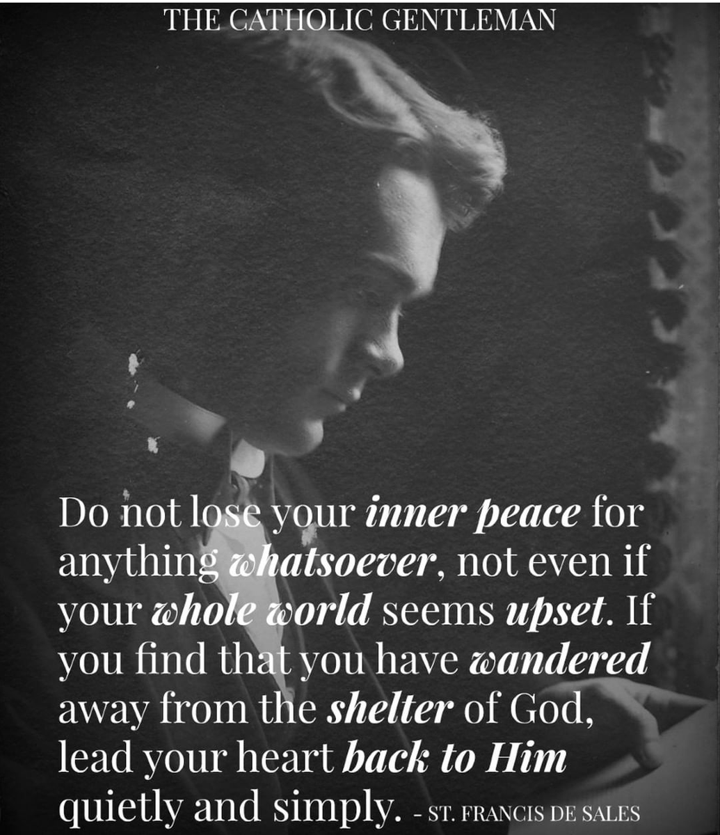 RomanCatholicHS's tweet photo. "Do not lose your inner peace for anything whatsoever, not even if your whole world seems upset.  If you find that you have wandered from the shelter of God, lead your heart quietly and simply back to Him." #RCHS #turnbacktoHim https://t.co/Cs405Ppb2R