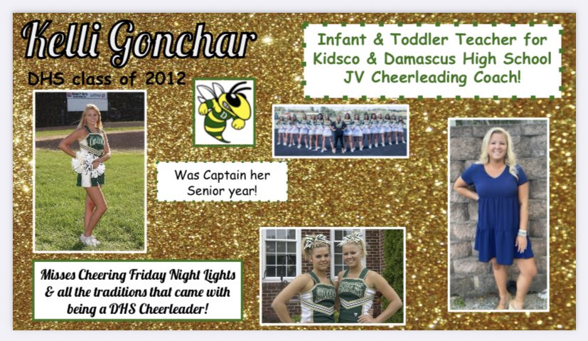 Our last 4 DHS Cheer Alumni Spotlights go out to 4 of our DHS alumni coaches! First up, 2012 graduate Kelli Gonchar! She is now an Infant &amp; Toddler teacher and is the fearless leader to our fabulous DHS JV Cheerleaders! 💚💛🐝 <a href="/DamascusJVCHEER/">DHSJVCHEER</a>