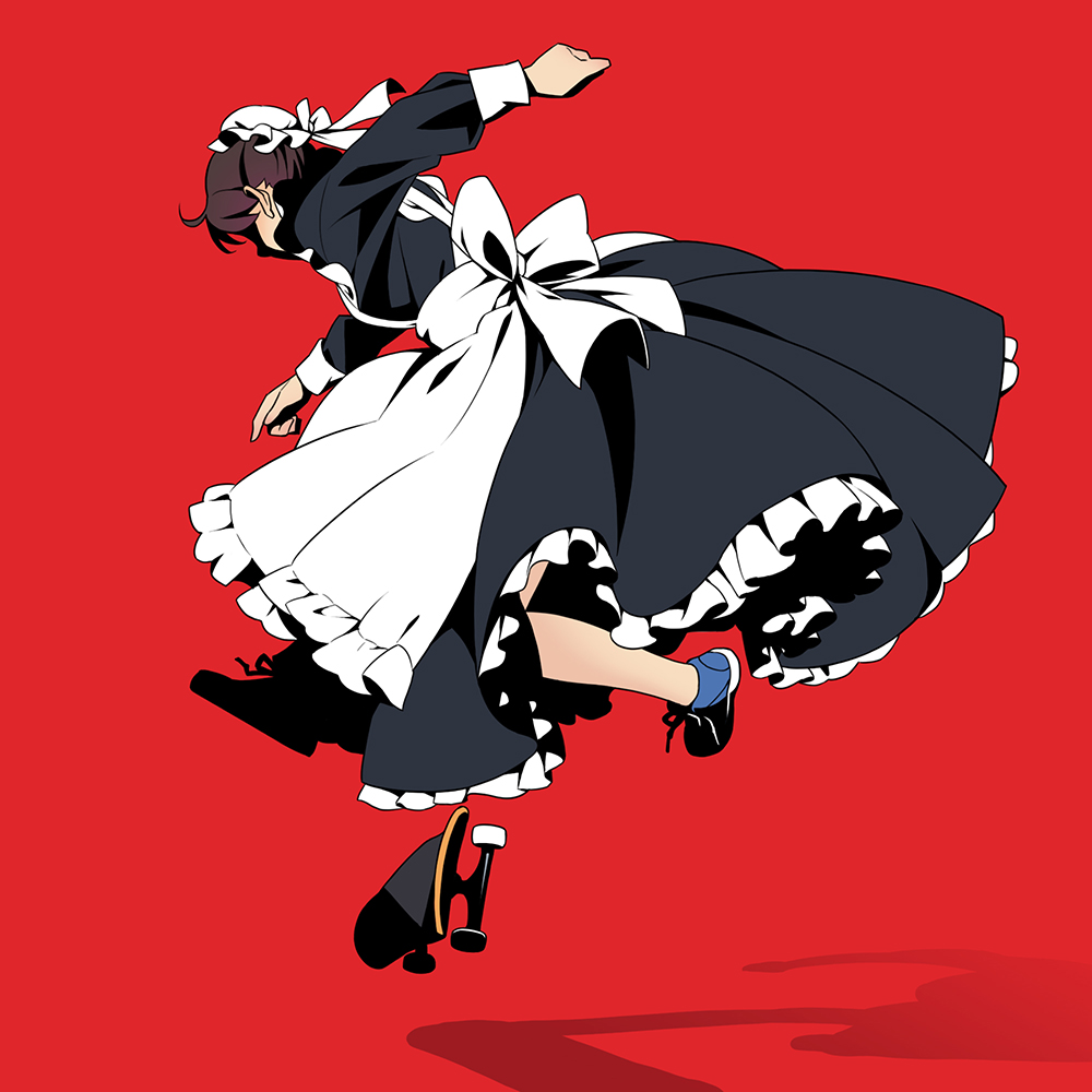 1girl solo apron maid maid apron skateboard red background  illustration images