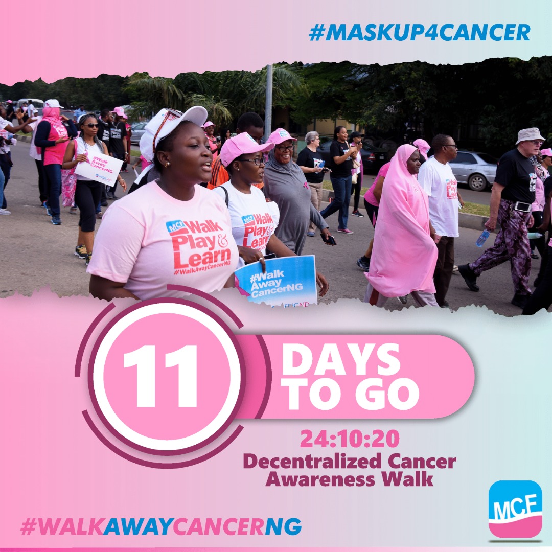 MalcolmAlkalee's tweet photo. 11 DAYS TO GO: Join the Biggest #CancerAwarenessWalk in Nigeria organized by @MedicaidcfP on the 24th of #October 2020.
@aishambuhari @DrZSB @AishaUmmi_Garba @PaulineKTallen @Sadiya_farouq @AishaMatawalle
#MaskUp4Cancer.
#DonateForCancer
#CancerAware
#BreastCancerAwarenessMonth https://t.co/5LhJA7re5S