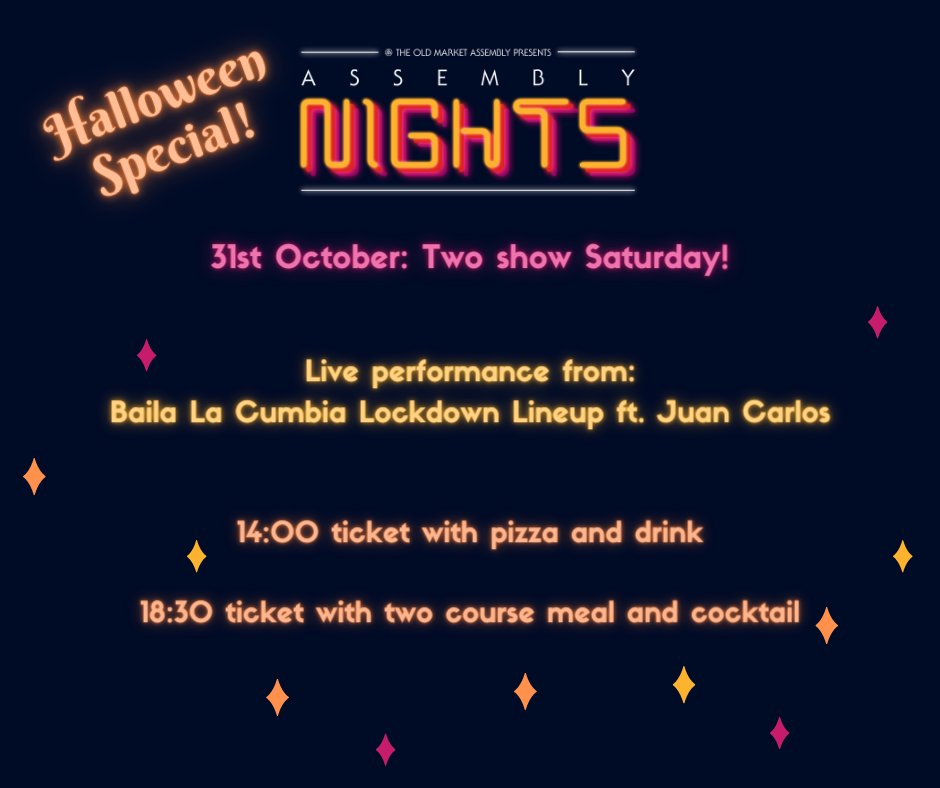 🎃 This Halloween, we're hosting not one, but TWO Saturday shows with <a href="/AssemblyNights/">Assembly Nights Bristol</a>

Tickets are available through Headfirst.

Social distancing regulations are in place and we're ready to treat (not trick) you with pizza, drinks and more!

#livemusic #pizza #bailalacumbia