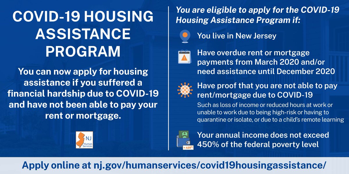 💵 🏠New Jersey residents can now apply for money to help pay housing costs if they have been unable, or will be unable, to make payments due to the ongoing pandemic.
💻  For more information and to see if you qualify, visit:
state.nj.us/humanservices/…