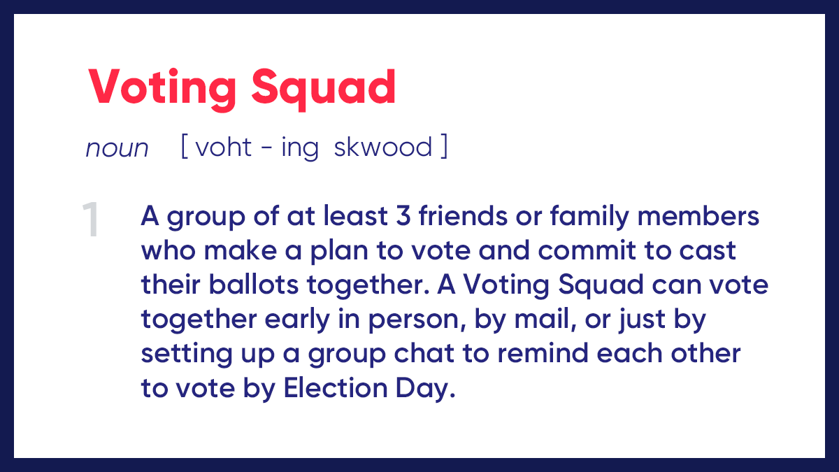 Want to get your #VotingSquad together like <a href="/MichelleObama/">Michelle Obama</a>? 

✔️ find 3️⃣ friends or family members
✔️ help them make a plan to vote
✔️ commit to voting together—virtually, or safely in-person! 

Let’s do this: weall.vote/votingsquad