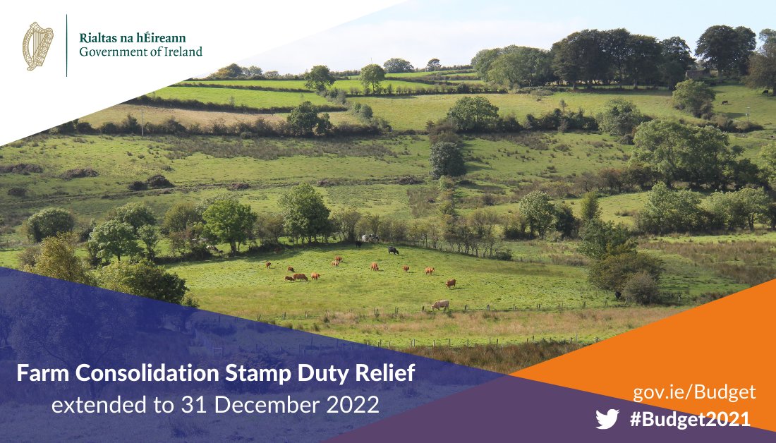 Minister <a href="/Paschald/">Paschal Donohoe</a> has announced that farm consolidation stamp duty relief is to be extended by 2 years to 31 December 2022 #Budget2021