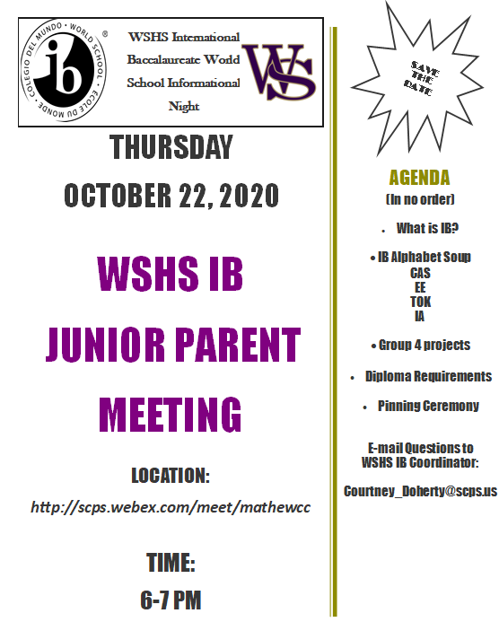 WSHSIBOdoherty's tweet photo. Attention WSHS IB parents of Juniors!!!!  Please, plan to attend our IB junior parent meeting!!!! @Petes_dragons https://t.co/HgDb0IJyW6