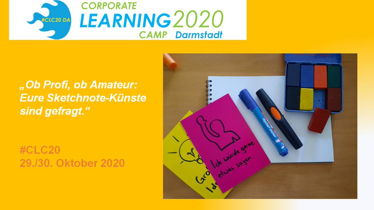M_Windelband's tweet image. Beim virtuellen #BarCamp der #CorporateLearningCommunity am 29./30 Oktober 20 seid Ihr eingeladen, die einzelnen Sessions mit einer #Sketchnote zu illustrieren - tragt Euch einfach im Sessionplan ein, nach vorheriger Anmeldung (20€) : colearn.de/clc20da/  #CLC20 DA #CL2025