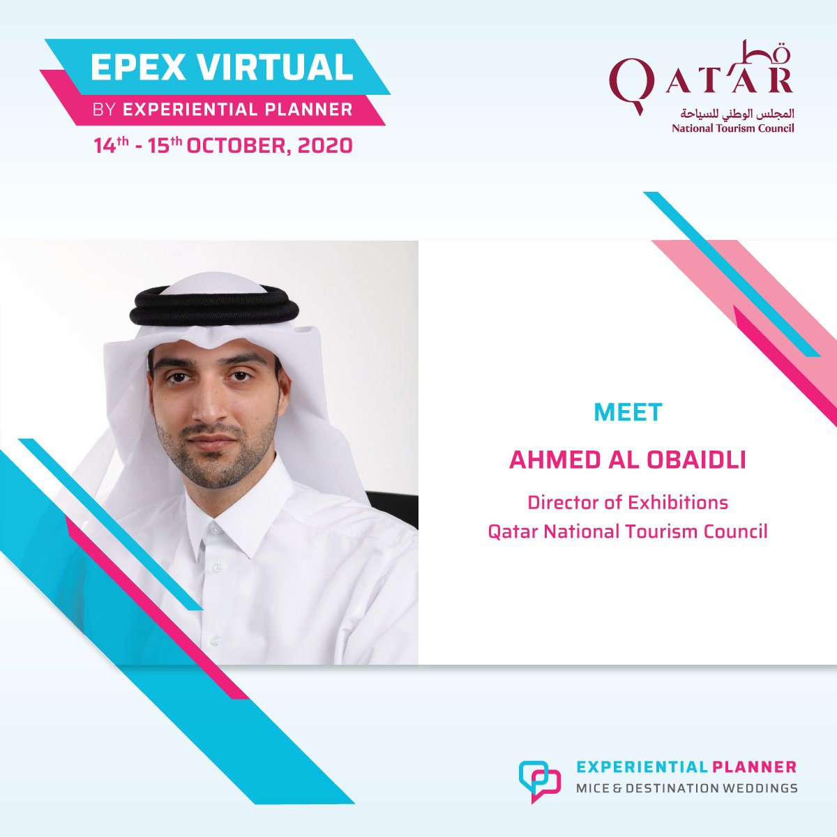 Catch-up with <a href="/VisitQatar/">Visit Qatar</a> at the upcoming EPEX Virtual Series and discuss the opportunities of hosting Events in the ‘new normal’. To block a meeting spot, please write to office@experientialplanner.com.

#EPEXVIRTUAL2020 #businessevents   #destinationweddings #newnormal #QNTC