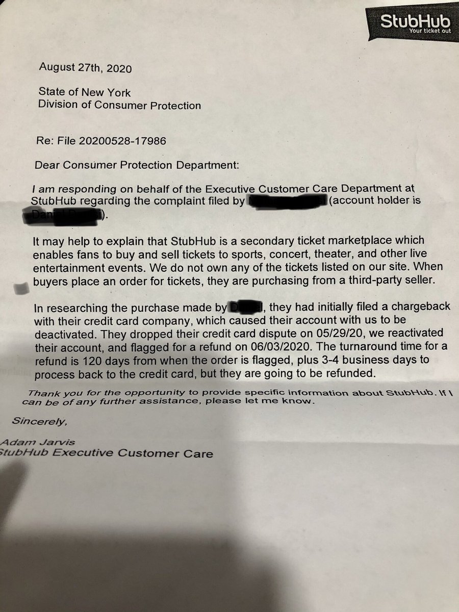 <a href="/refundmestubhub/">STUBHUB = PONZI. DO NOT USE STUBHUB</a> <a href="/TeamStubHub/">StubHub Support</a> <a href="/StubHub/">StubHub</a> <a href="/NewYorkStateAG/">NY AG James</a> I still have not received my escalated to stubhub Managemet refund! Please see this letter in response to consumer fraud from Adam Jarvis “executive customer care -What a joke!
