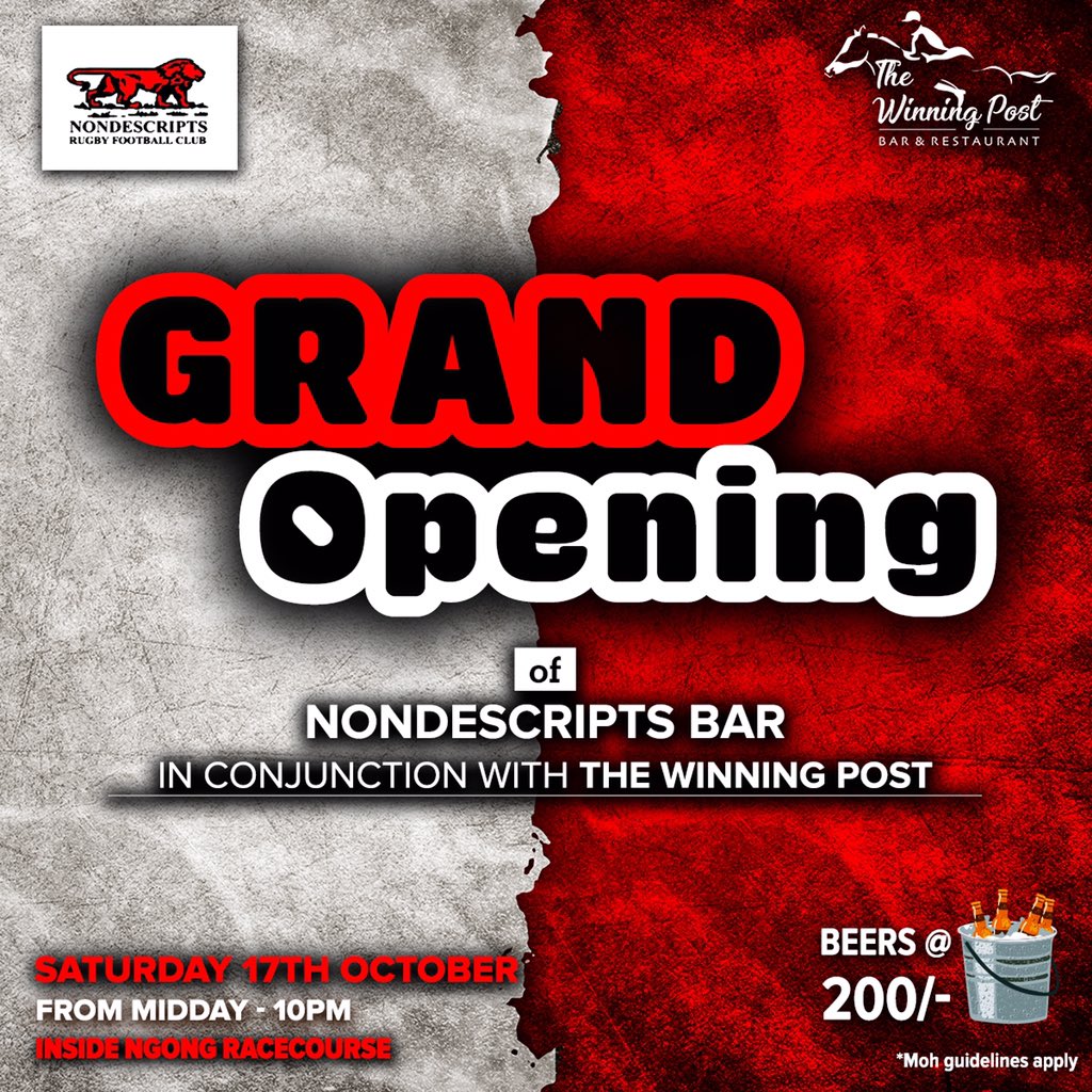 Nondies's tweet photo. Finally the D-Day is here!! Nondescripts RFC in Conjunction with The Winning Post Bar &amp; Restaurant welcomes you to the Official Grand Opening of the Nondies Bar at the new home in Ngong Racecourse as from 12:00Noon-10:00PM.. #BePartOfThePride #MadeOfRed #TheWinningPost #RedLion https://t.co/pmnAR0UAh9