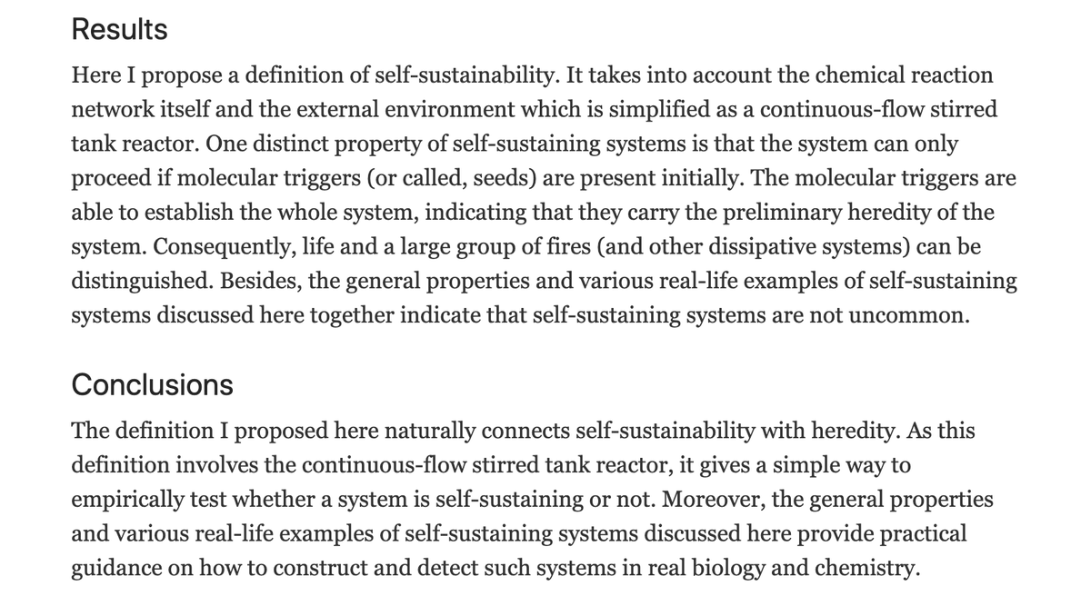 On the definition of a self-sustaining chemical reaction system and its role in heredity

"The ability to self-sustain is one of the essential properties of life. However, a consistent and satisfying definition of self-sustainability is still missing."
biologydirect.biomedcentral.com/articles/10.11…