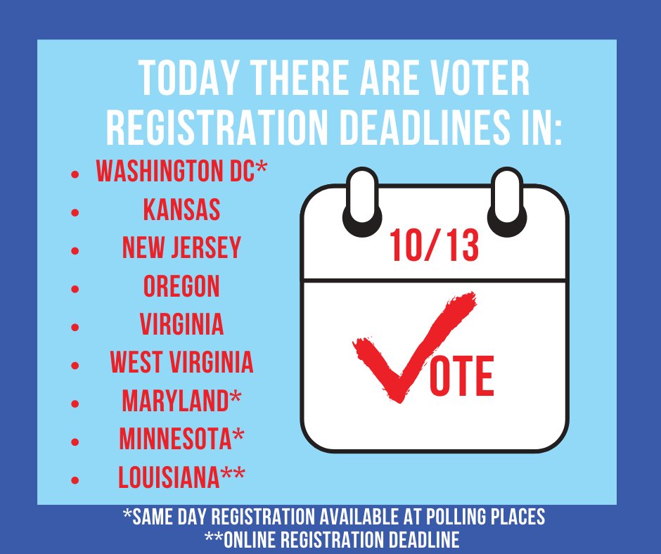 evcnational's tweet photo. There are another round of voter registration deadlines today! Make sure you are #VoteReady so you can make your voice heard at the polls. https://t.co/cdpCie1Quw