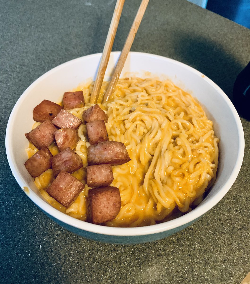 hey guess what!! i decided to make that ramen meal!! i added some fried spam to mine and it& #39;s actually really fucking delicious. i also used chunky peanut butter bc i wanted the peanuts, like pad thai!
