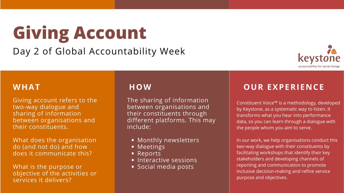 Happy Day 2 of Global Accountability Week! We look forward to explaining what Giving Account is, how your organisation can apply it, and we've shared some of our experiences with it. For more information on Constituent Voice, see here:  keystoneaccountability.org/analysis-const…