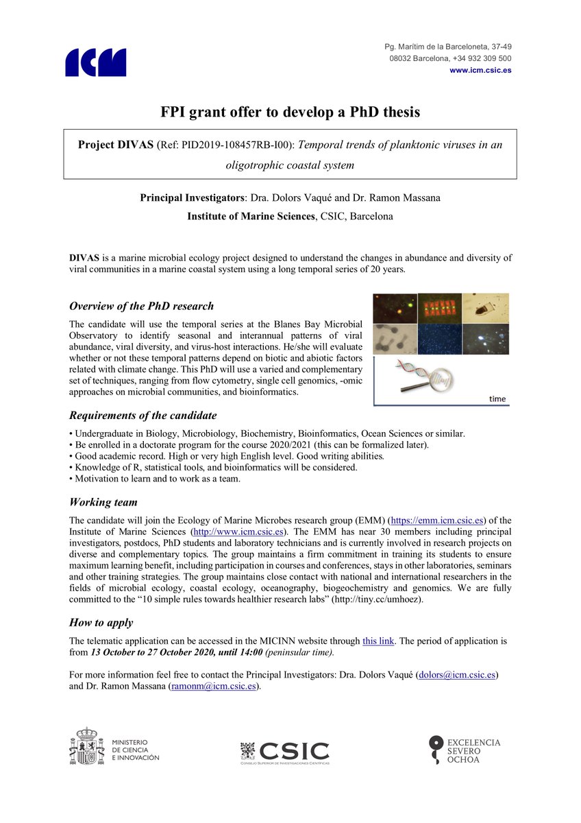 Job offer for a PhD project on viral ecology and single cell genomics. At the Institute of Marine Sciences under the supervision of Dolors Vaqué and Ramon Massana. Looking for candidates!!
<a href="/EMM_Barcelona/">EMM_Barcelona</a> <a href="/ICMCSIC/">ICM-CSIC</a>