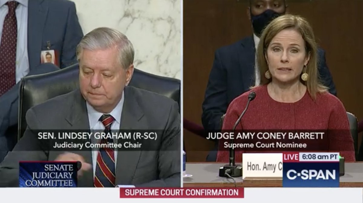 Graham asks Barrett to define her philosophy as an Originalist: “I interpret the Constitution['s ...] text as text, I understand it to have the meaning that it had at the time people ratified it.”The Constitution's "text" codifies slavery (among other things).  #BlockBarrett