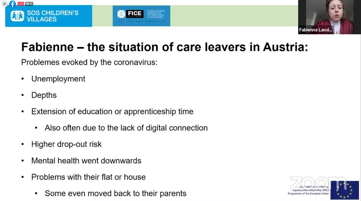 Eurochild_org's tweet photo. What is the situation of #careleavers in Austria🇦🇹?
And what are the effects of #COVID19 ?
Take a look at the presentation by Fabienne Landerer,
former care leaver and vice-president of Care Leaver #Austria
#CarePathConference #aftercare https://t.co/mIVfrCYlTT