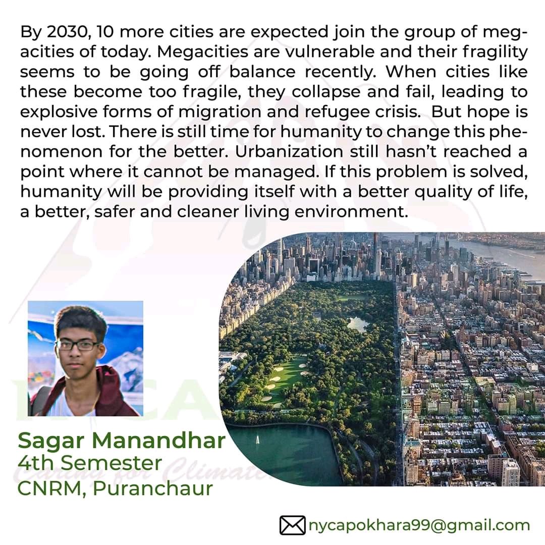 Here we present our core member Mr. Sagar Manandhar with his creative piece of writing on the topic ' Sustainable urbanization for mitigation Climate Change'. We are plaesed to share his piece of writing 😊.
#togetherforclimate