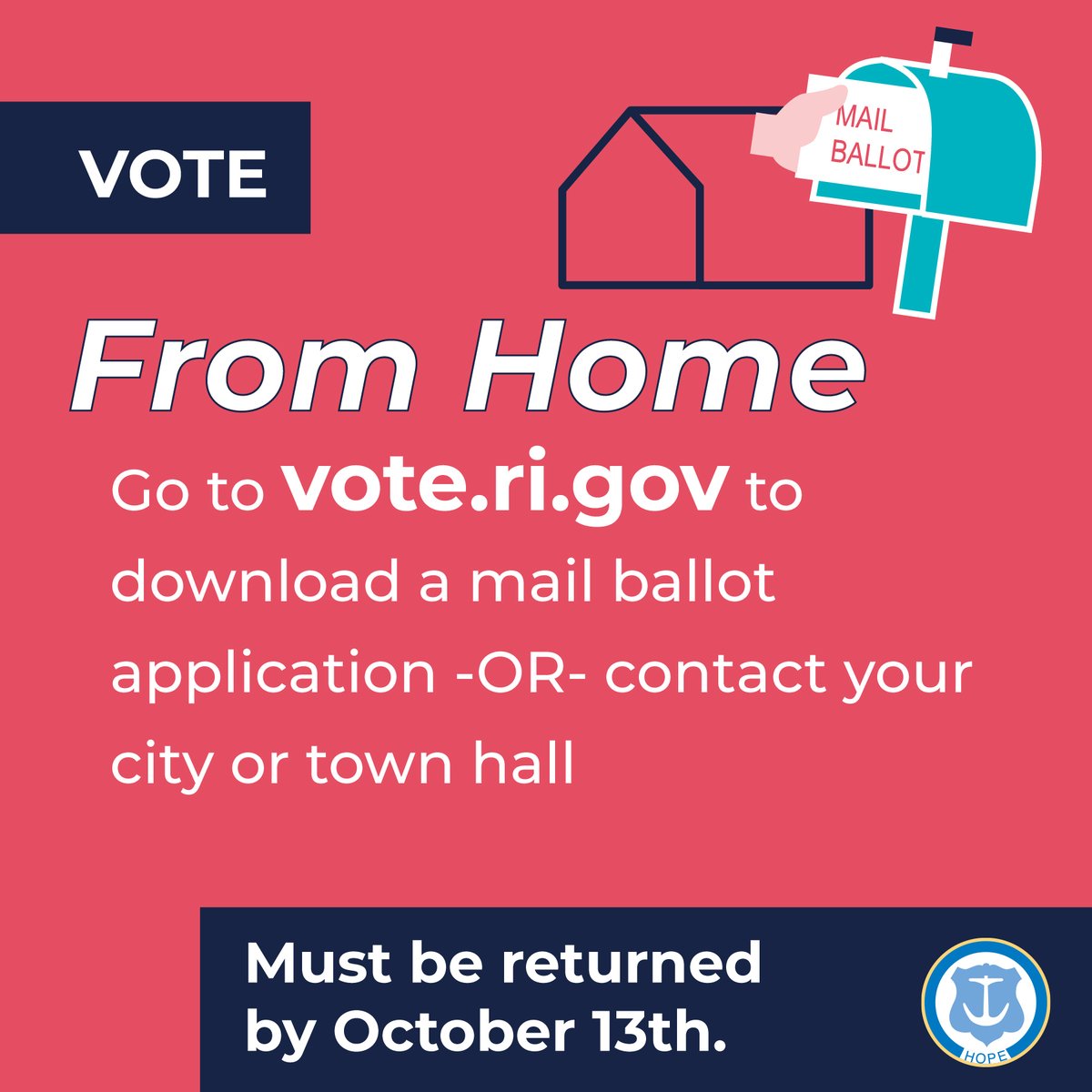 RISecState's tweet photo. Remember to #votefromhomeRI and send in your mail ballot application! Applications must be received by your local board of canvassers today (October 13) at 4 p.m. https://t.co/WJUSGDT54J