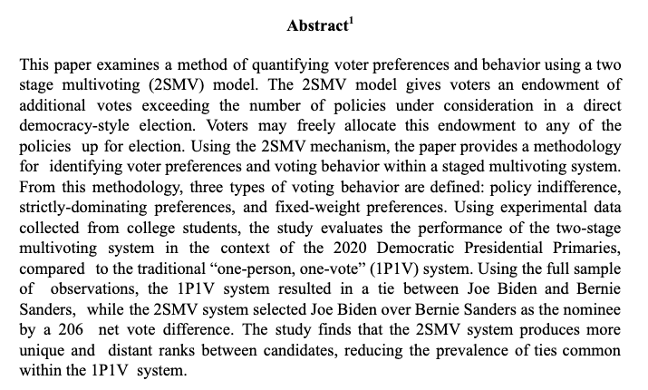 Emilia SuggsJMP: "Identifying Voter Preferences through Two Stage Multivoting Elections: Experiments in the Preface of the 2020 Democratic Primaries"Website:  https://sites.google.com/view/emiliajsuggs/home