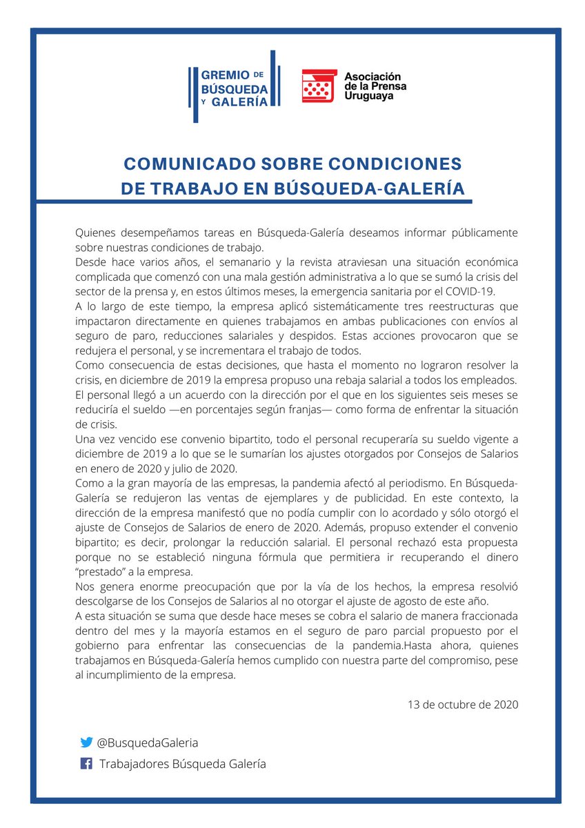 Comunicado sobre condiciones de trabajo de Búsqueda y Galería