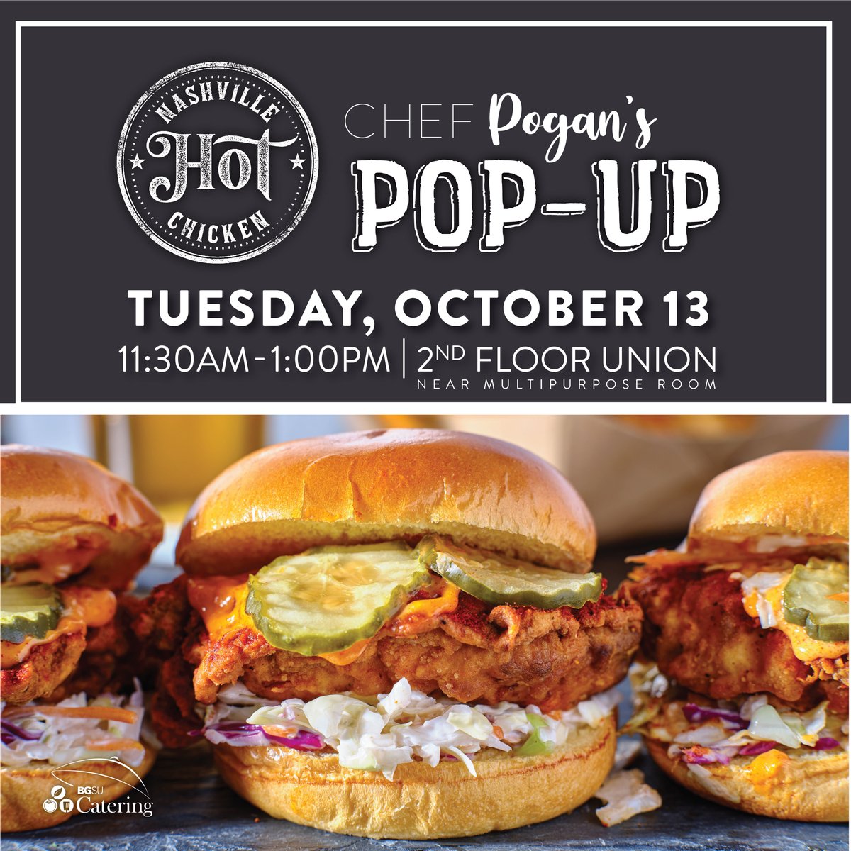 Don't forget to join us at Chef Pogan's Pop-up today on the second floor of the Student Union by the Multipurpose Room from 11:30am-1pm! Nashville Hot Chicken, Flamin' Hot Mac &amp; Cheese, and two types of dessert! Vegan options are available!