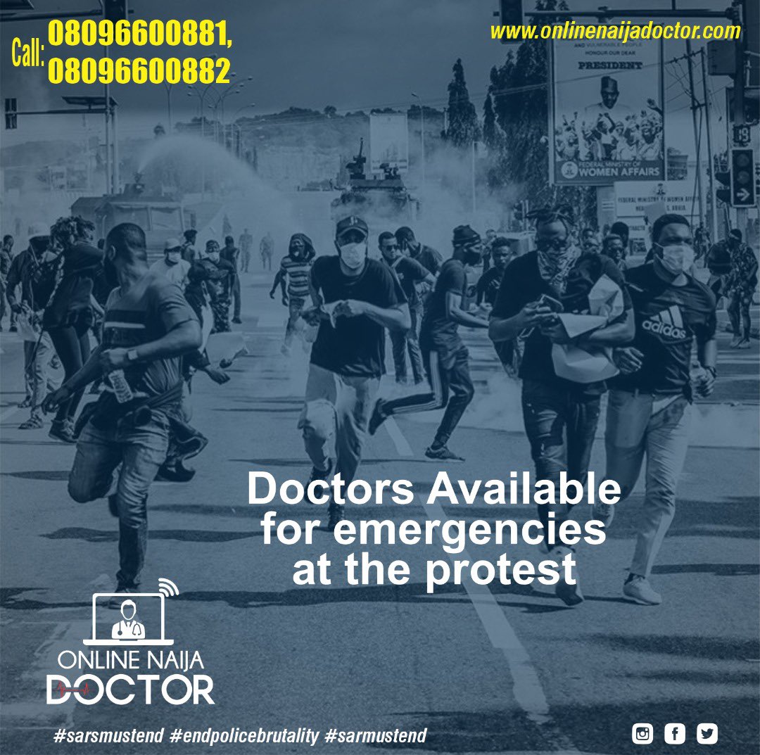 onlinenaijadoc's tweet image. In need of a doctor at the protest? @onlinenaijadoc has got you covered. Together we must #EndPoliceBrutalityinNigeria #EndPoliceBrutality #EndSARS #SARSMUSTEND #SarsMustGo 
#onlinenaijadoctor