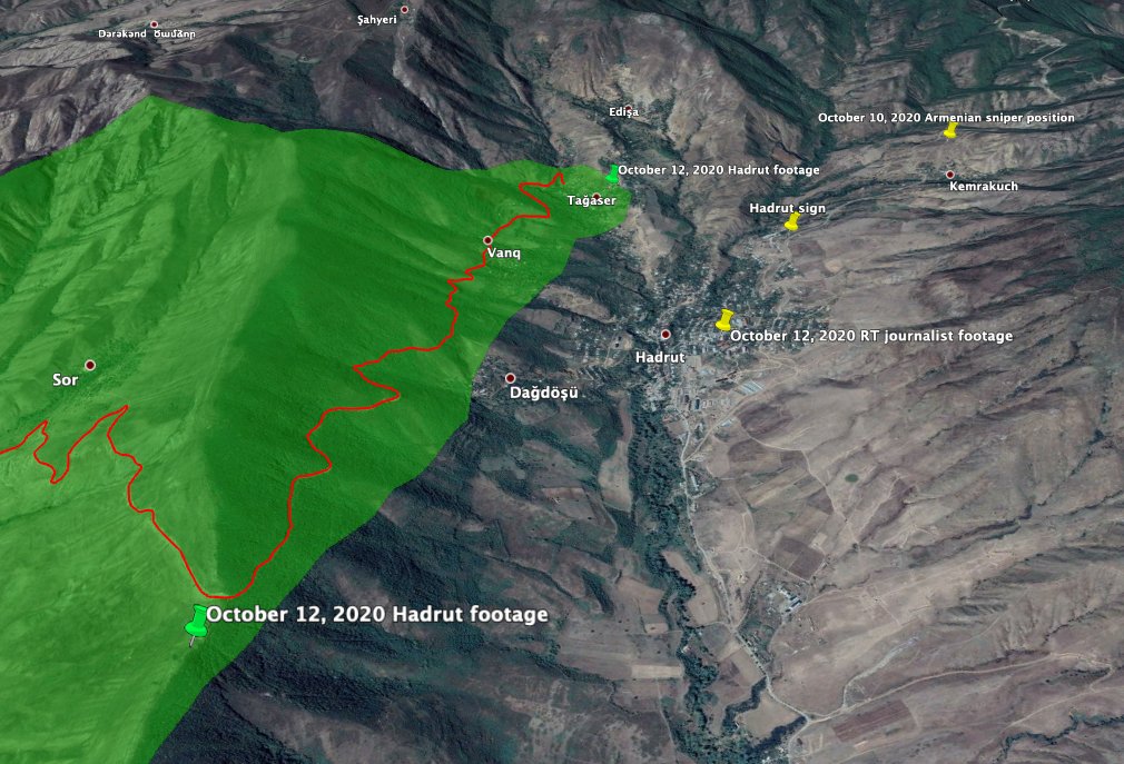 Video taken from Hadrut valley, but not the town itself; 39.520128 47.010490 - could be outdated, but matches the direction that Armenian sniper teams on the other side of the valley were shooting  https://twitter.com/NeilPHauer/status/1316001283648749568