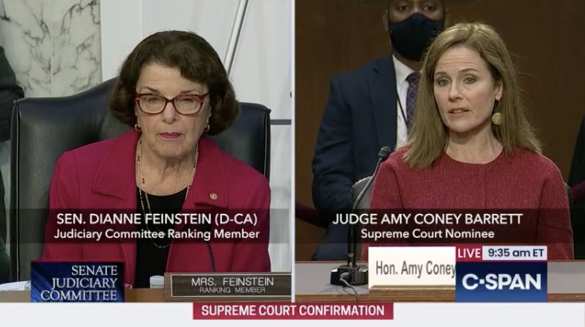 . @SenFeinstein: "Do you agree with Justice Scalia's view that Roe (v Wade) was wrongly decided?"Judge Barrett: "I can't express views on cases or commit to approaching a case any particular way."Why is it so hard to just say "no"?We know why. #BlockBarrett  #SCOTUSHearings