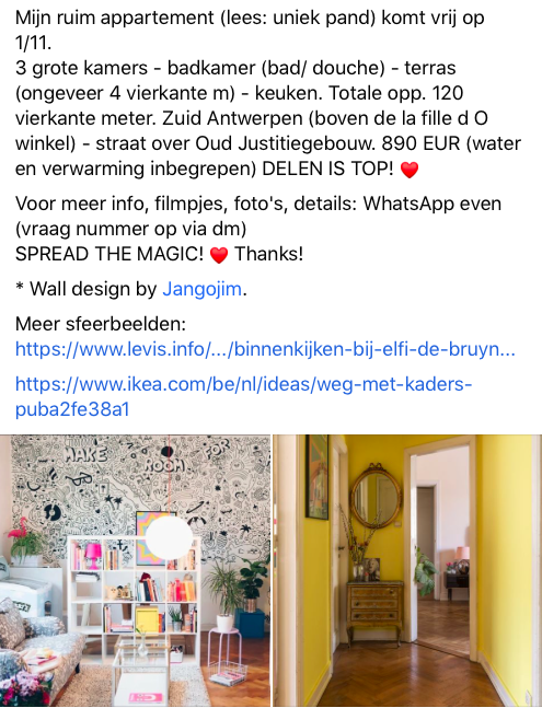 Mijn app in Antwerpen komt vrij. RT = <3 
Bij interesse/ voor afspraak: elfi.debruyn@gmail.com