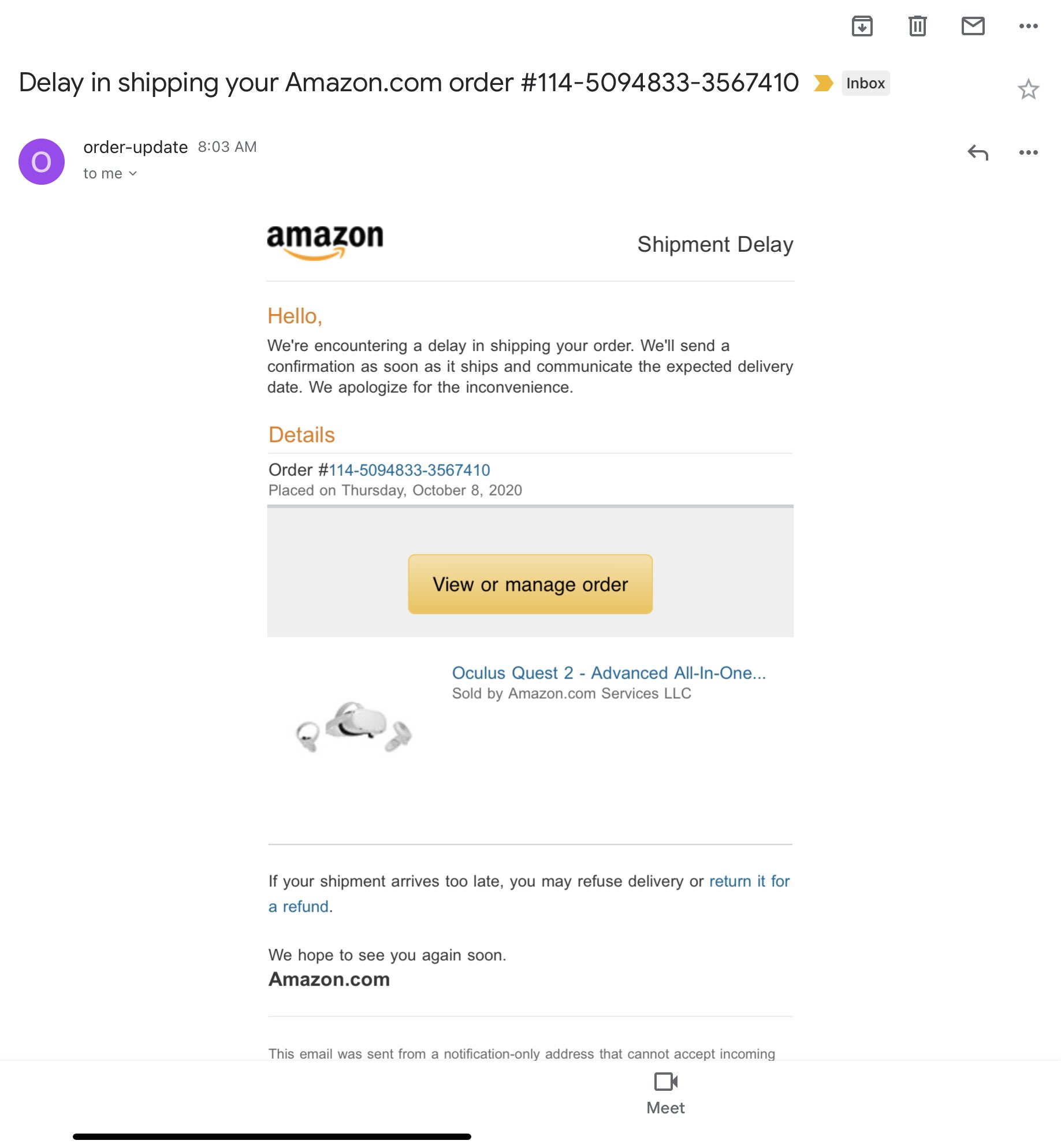 Oculus quest 2 amazon on sale delivery date