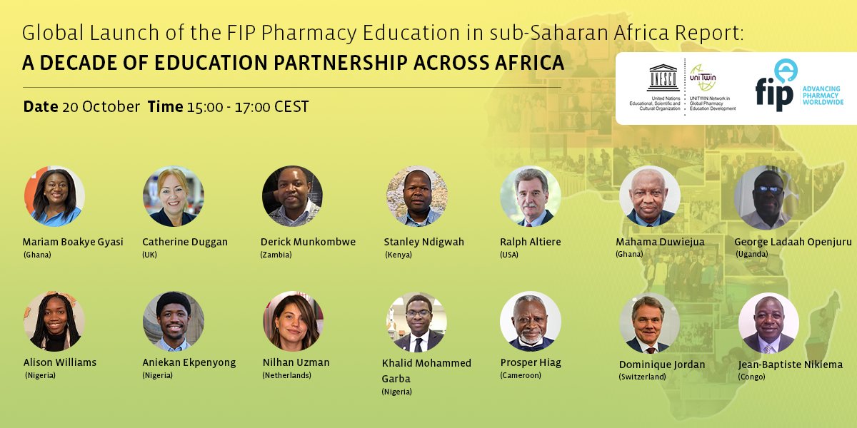 An overview of #PharmacyEducation needs/priorities in Sub-Saharan Africa on 20 Oct, 15:00 CEST, where FIP will launch this first of its kind report, illustrating a decade worth of evidence from the FIP-UNESCO UNITWIN Programme in countries across Africa: bit.ly/36QO7Gy