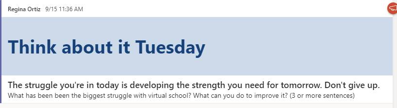 Mrs_R_Ortiz's tweet photo. #virtualteaching has not been a walk in the park. When ever I think I am not doing enough, here comes a student telling me otherwise 🥰 #ovs_community #Iloveteaching #4thgrade https://t.co/S4IZeOFKVh