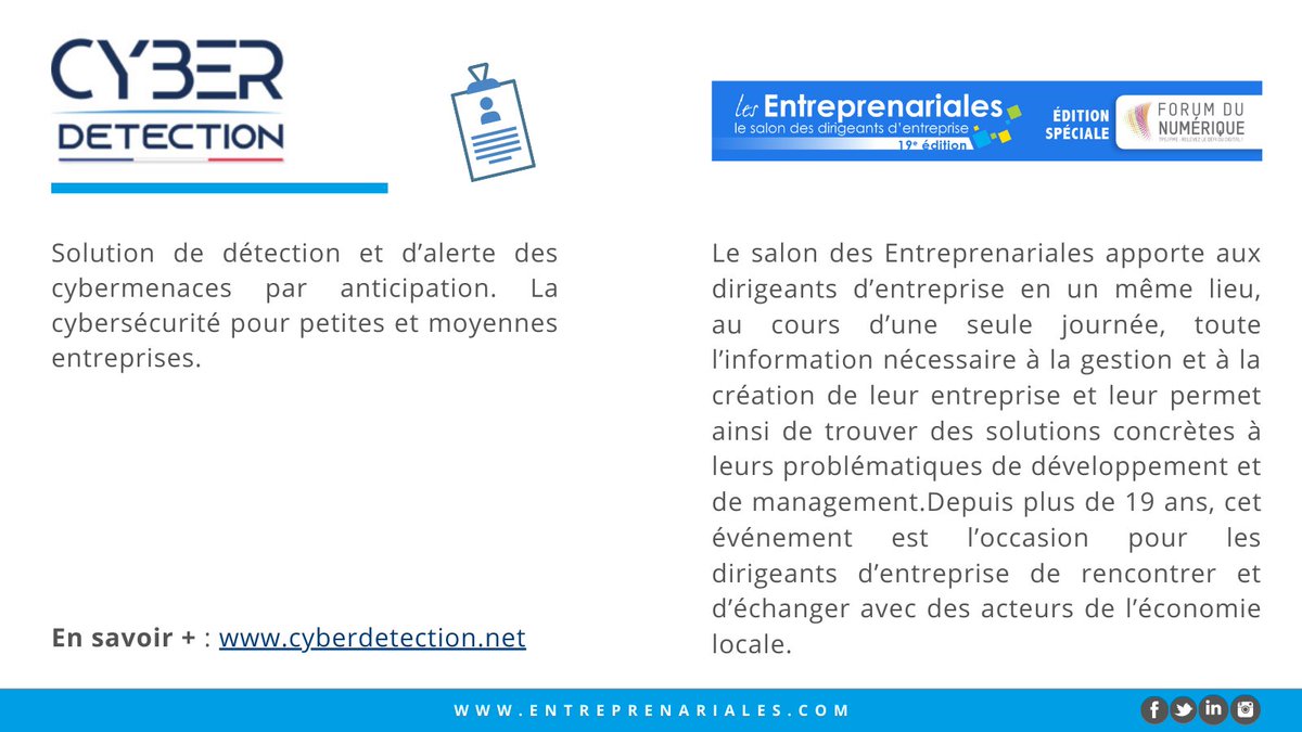 UPE_06's tweet photo. 👉Retrouvez notre exposant @CyberDetection au salon des Entreprenariales le 19 novembre 2020 sur le stand 15 ! #Entrep20
🔗https://t.co/geWDyoFJNF https://t.co/vfXkarZzpv