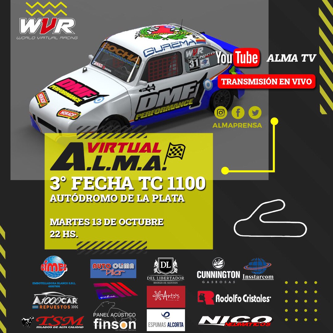 ALMAPRENSA's tweet photo. 🙌🏻 Está noche tenemos carrera! Desde las 21.50 hs. se corre la 3ª fecha de la TC 1100 en el circuito corto de La Plata con transmisión en vivo en nuestro canal de YouTube ALMA TV 📺 #almavirtual #tc1100 #fiat600 #libre https://t.co/VB6YNIkAHR