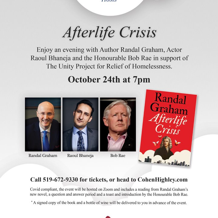Randal_Graham's tweet photo. Zoom party!  Join Bob Rae, Raoul Bhaneja and me on Oct 24, when we'll chat about the Beforelife series and raise money for The Unity Project. It's a great cause, and it'll be a fun night! 

All participants get a signed copy of the book and a bottle of wine! #onlinebookclub https://t.co/unuilEeEiR