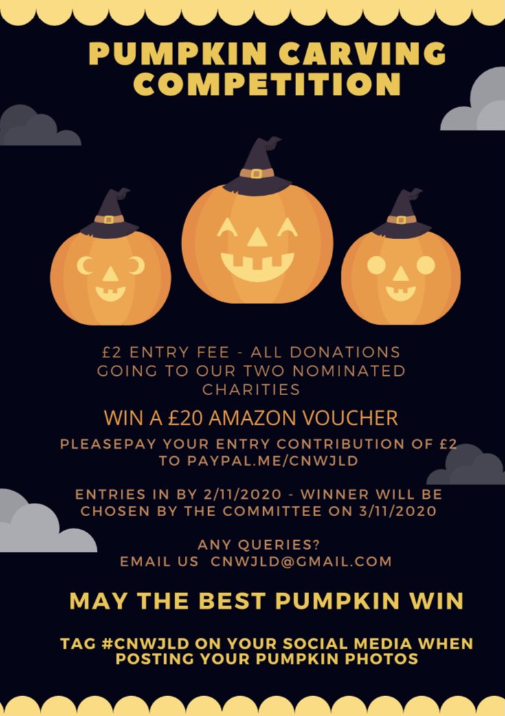 CNWJLD's tweet photo. ππ» PUMPKIN CARVING COMPETITION π»π
Tag #cnwjld on your pumpkin posts to be in with a chance to win a Β£20 Amazon voucher
Β£2 entry payable via PayPal - https://t.co/3RIRL5dQfS - all entry fees will be split between our two chosen charities.
1/2 https://t.co/6XFsu2Xtvs