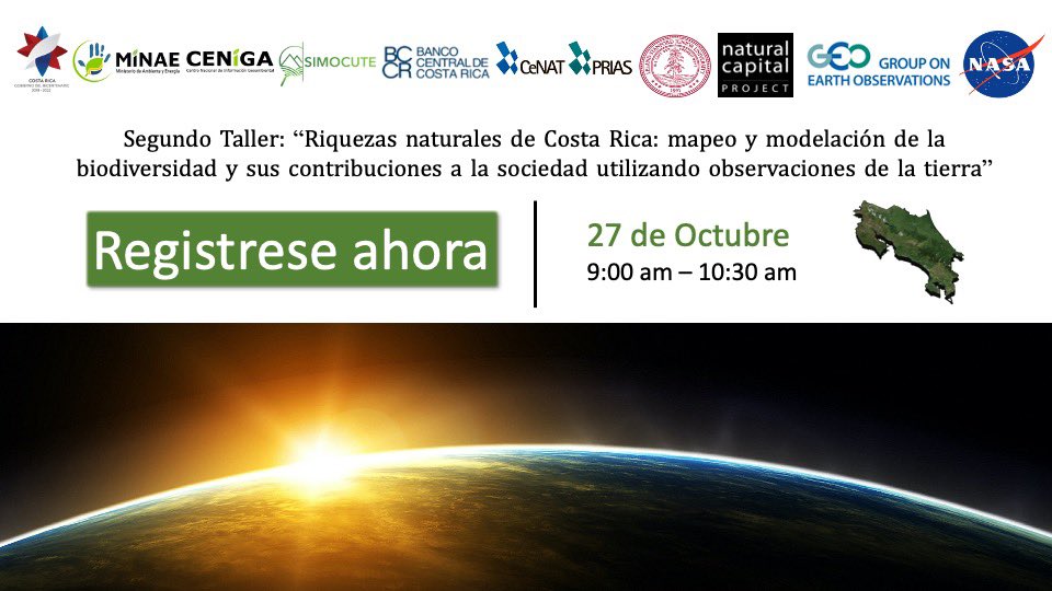 CRMinae's tweet photo. Le invitamos a participar en el Taller: “Riquezas naturales de #CostaRica: mapeo y modelación de la #biodiversidad y sus contribuciones a la sociedad utilizando #observacionesdelatierra”.
📅27 de octubre, 2020
🕘9:00 am - 10:30 am
+ info: https://t.co/5uIikZjiCf
🛰️🌎🌱🦥 https://t.co/QDaoSYn72X