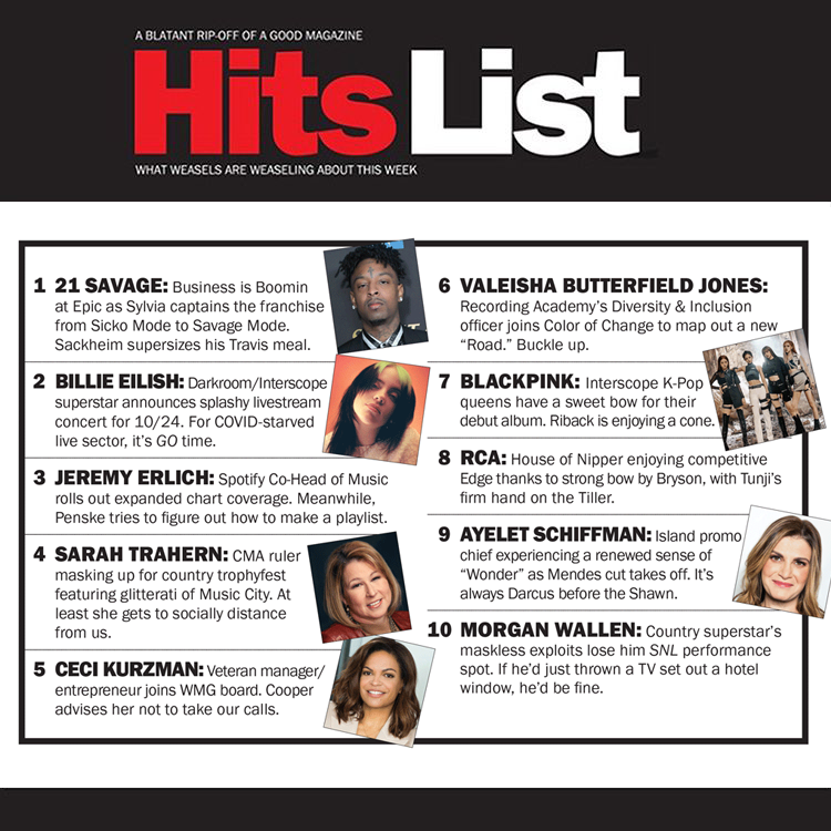 HITSDD's tweet photo. New #HitsList: @21savage debuts at #1, @billieeilish, @RCARecords, @BLACKPINK, @jeremyerlich, @CeciKurzman, @valeisha and more https://t.co/ksfY5qfvDA https://t.co/IpSrRsbHoV