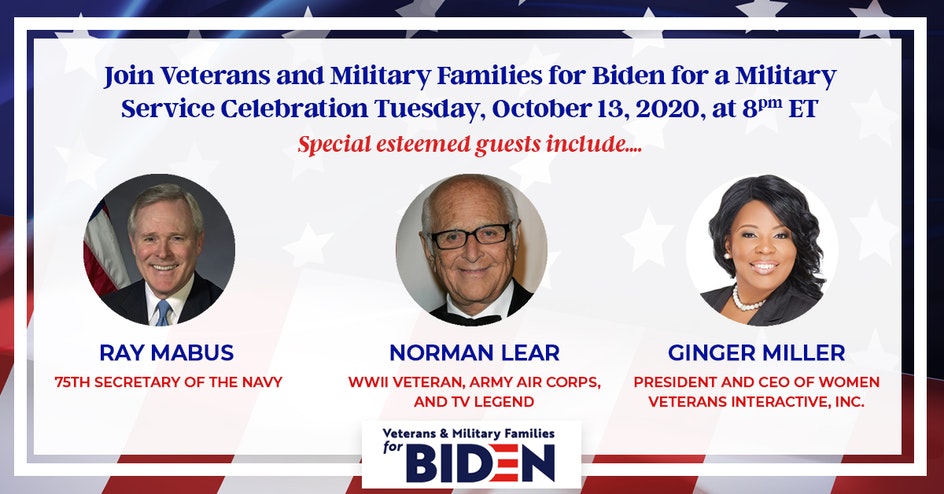 So excited to have @SECNAV75 @TheNormanLear and @GingerBMiller join #Vets4Joe tonight at 8pm ET for a Military Service Celebration. Sign up here: mobilize.us/joebiden/event…
#Vets4Biden #navy245 #MovingOnUp