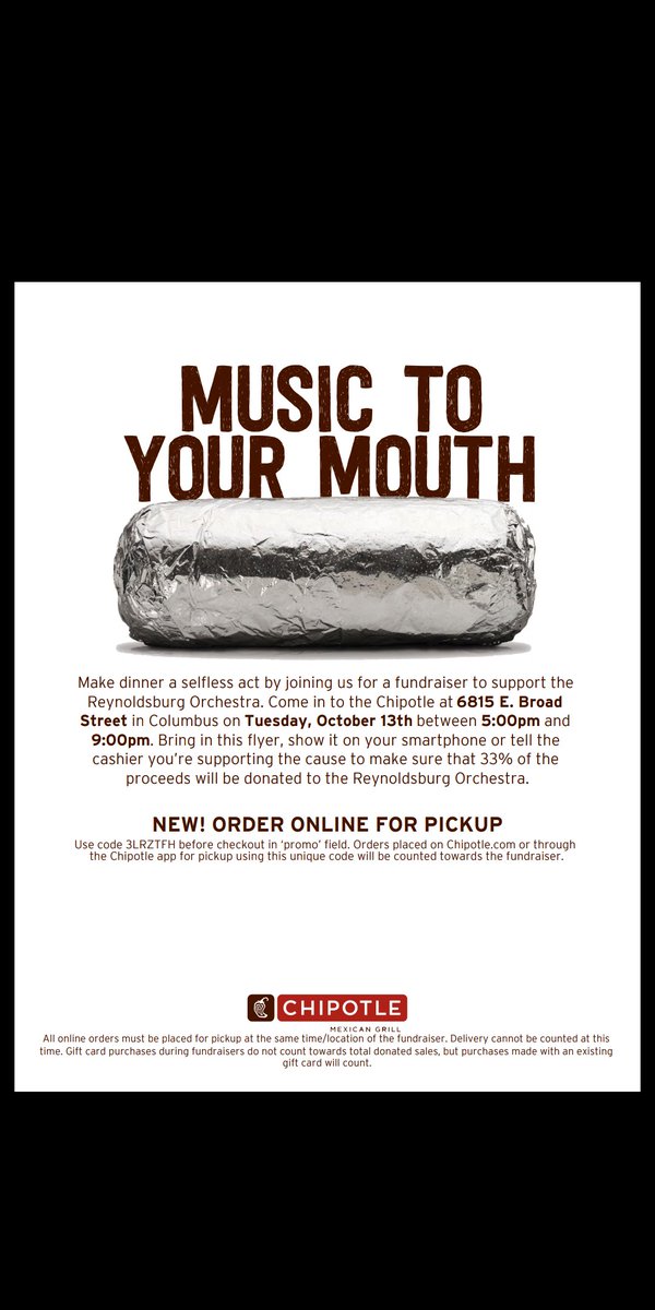 reynorchestra's tweet photo. Help support the orchestra and enjoy yummy food!!
Eat at the Broad St Chipotle tonight from 5-9 and show this flyer!! https://t.co/VilYYSthSe