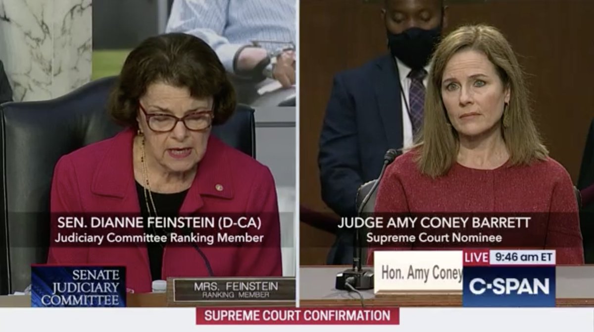 . @SenFeinstein again presses Judge Barrett on her views on marriage equality.She refuses to answer, over and over again.Her prior statements (supporting “marriage and family founded on the indissoluble commitment of a man and a woman) speak for her. #BlockBarrett