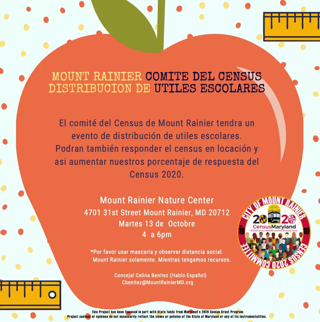 Join the Mt. Rainier Census Committee for a school supply giveaway today from 4-6 p.m.  at the Mount Rainier Nature Center.