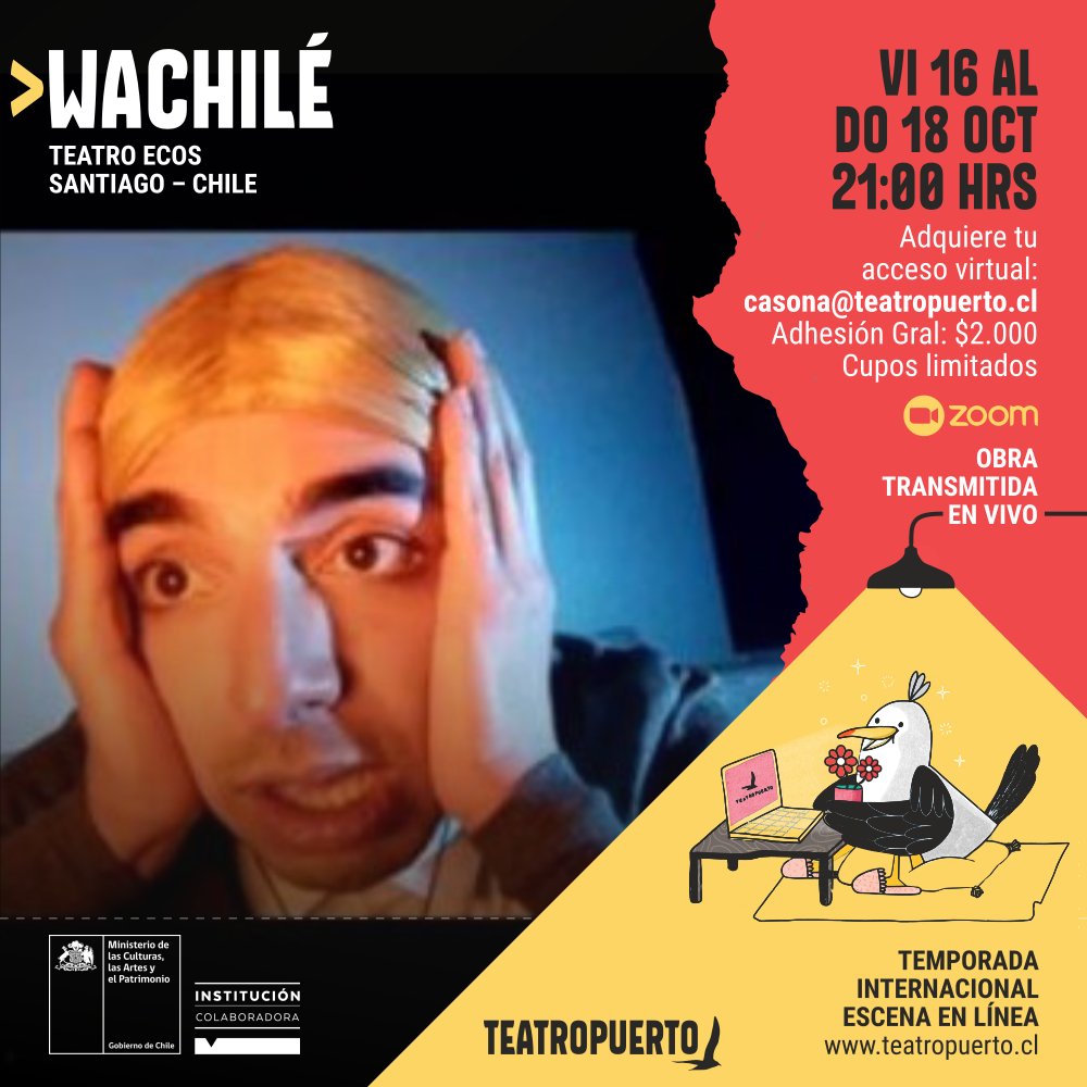 TeatroPuerto's tweet photo. Este fin de semana sigue nuestra Temporada Internacional con esta interesante propuesta escénica desde Stgo 🎭❤️ Viernes, sábado y domingo a las 21 hrs. en nuestra Sala ZOOM 👏🏽 Adquiere tu acceso virtual escribiendo a casona@teatropuerto.cl 😊 #teatro #teatrochileno #zoom https://t.co/T41Ak9iguu