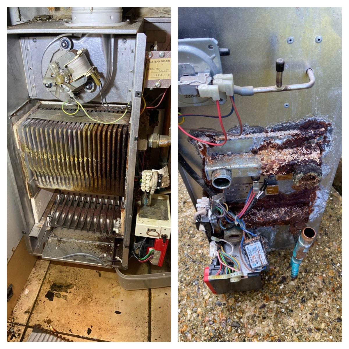 dougiebader's tweet image. So my central heating boiler packed up last week and has to be replaced. This is the damage it had done to itself. Luckily it wasn’t leaking gas or carbon monoxide. Folks get your checks in regularly. #😱