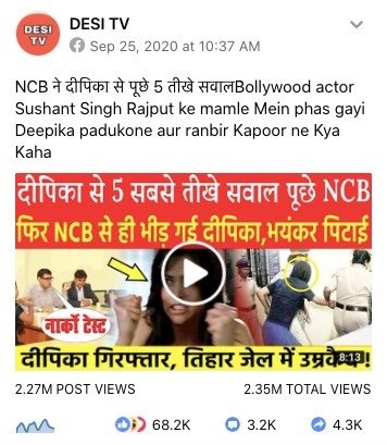 Now let’s look at the other things that are dangerous about this. And where Facebook-based “news” pages come in. They use vox-pop as a way to “report” news. So let’s look at some of them. There’s something called Desi TV. Check the chyron/opening page. 2.35M views. 4.3K shares.