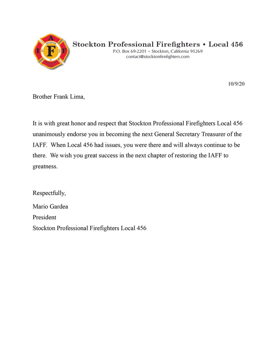 LimaforGST's tweet photo. Honored to have the support of the tough @stocktonfire Firefighters in my candidacy for #IAFF General Secretary Treasurer. #LimaforGST #GST #WhenWeFightWeWin #TeamIAFF #UniteFightOrganize π₯ https://t.co/yh3V5olERy
