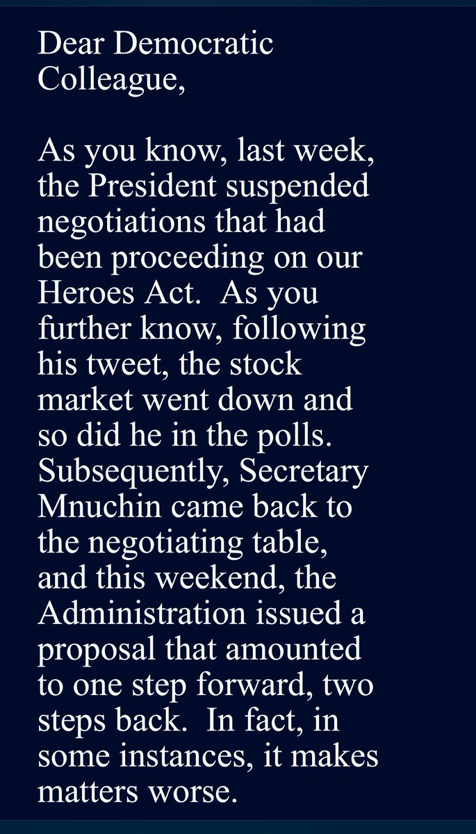  #STIMULUSPACKAGE negotiations update: “Dear Democratic Colleague” letter from  @SpeakerPelosi outlines key Trump shortcomings that actively harm the American people; vows to pass relief. 