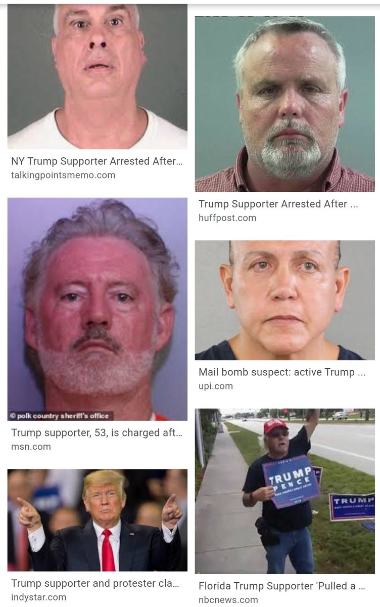 Search images for "Trump supporter arrested"How many? Death threats. Pipe bombs. Illegally voting. Assault. Kidnapping plot 41,500 hits in a regular search Image search? Page after page